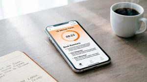 Headway app interface showing 15-minute book summary timer with key takeaways on iPhone