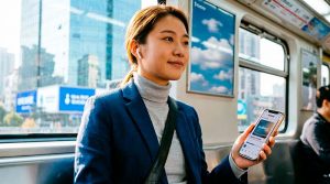 Professional woman listening to Headway audiobook summary during morning commute on metro