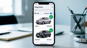 Yango Drive app interface showing no deposit car rental filter in Dubai